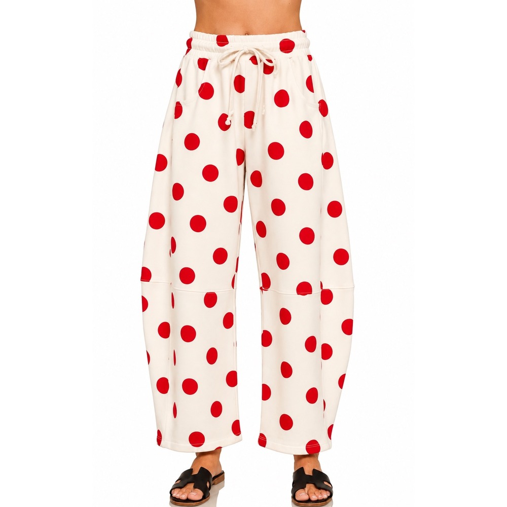E339.New Zenana Fleece Cream Red Polka Dot Barrel Pants High Waist Wide Leg